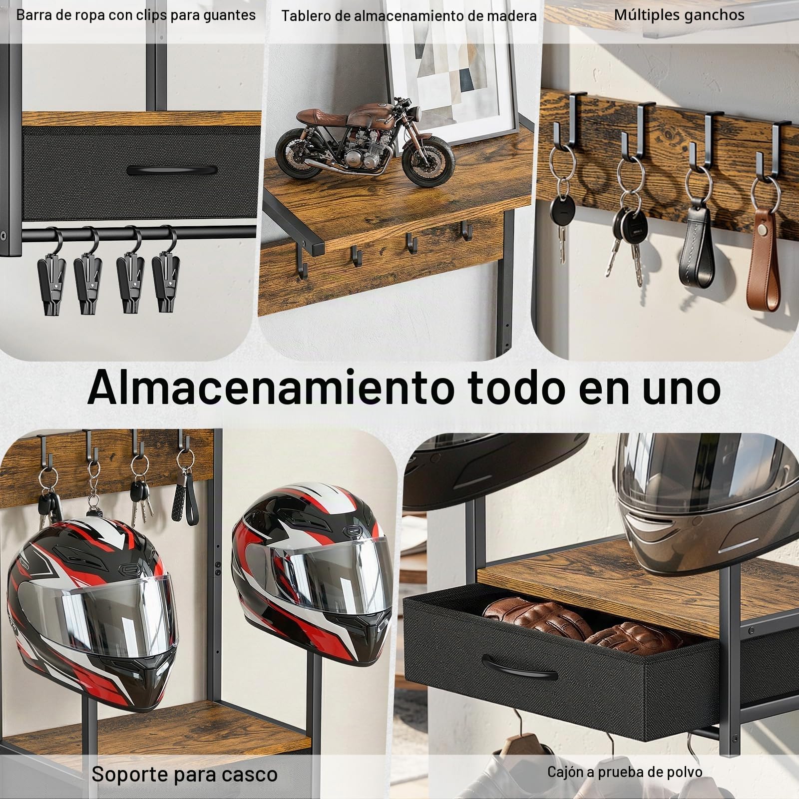 Housolution Soporte de Pared para Casco de Moto con Cajón de Tela | Portacasco con 4 Espacios para Guantes y 4 Ganchos para Trajes & Accesorios – Stand para Motos, Baseballs y Cascos de Rugby