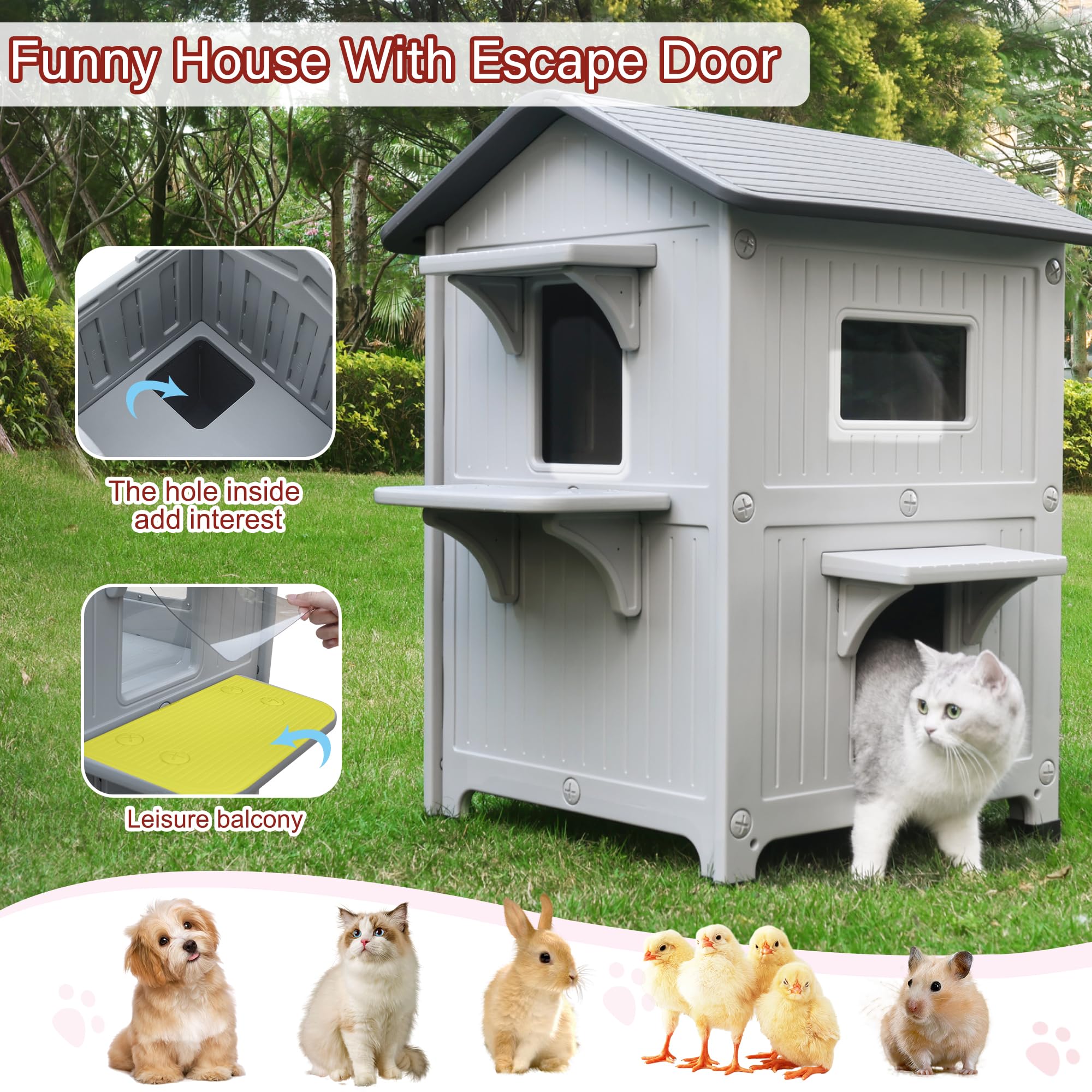 Casa para Gatos al Aire Libre de Plástico Exterior - Refugio Resistente a la Intemperie con Puerta de Escape para Gatos Salvajes y Mascotas