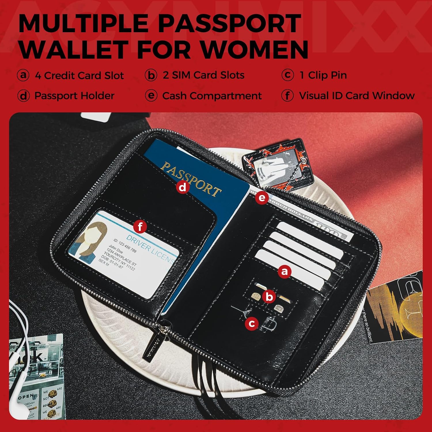 Leather Passport Wallet with Detachable Neck Lanyard RFID Blocking Passport Holder with Zipper Travel Documents Organizer for Women(Black)