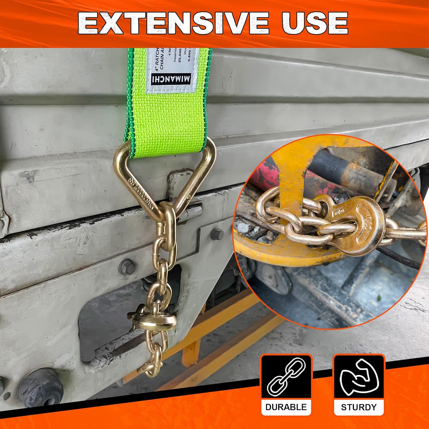 4inch 40ft Ratchet Straps with Chain Extension Ends,4 Pack,Heavy Duty Tie Down Straps with Grade 70 Chain Hook, Flatbed Equipment for Trucks and Trailers Cargo Control - Image 6