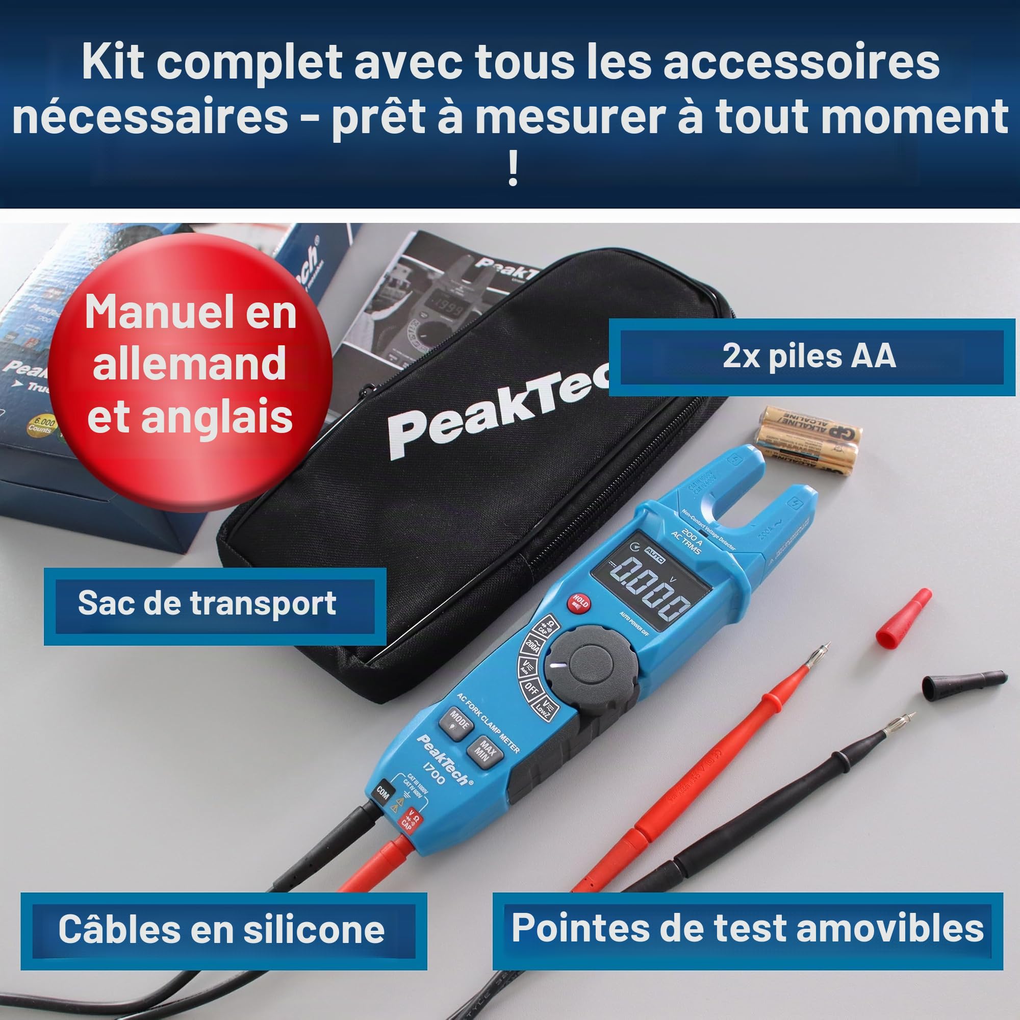 PeakTech P1700 - Pince ampèremétrique True RMS 200A AC - Ampèremètre à pince avec écran LCD - Pince ampèremétrique ouverte avec détecteur de tension