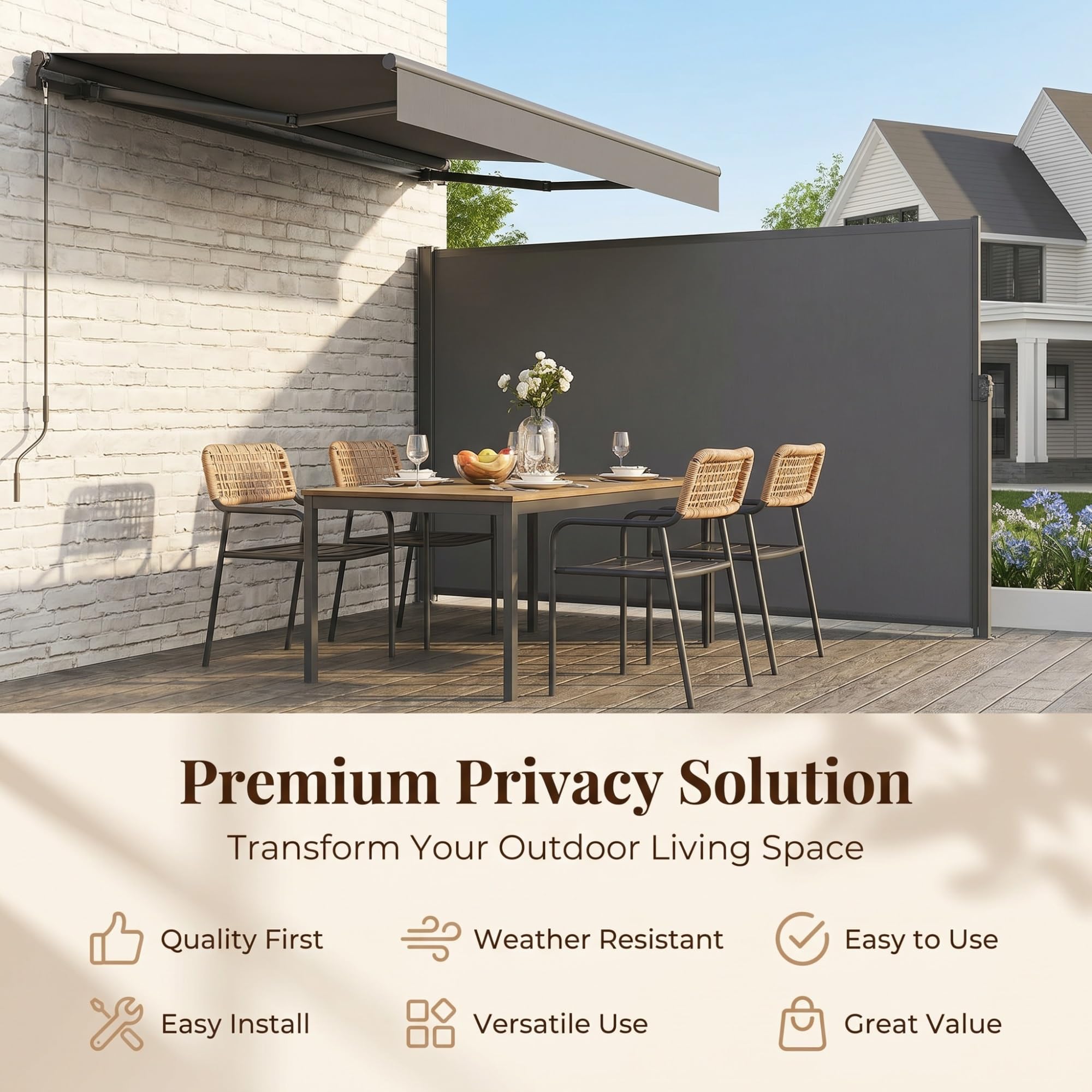 Auvent de terrasse rétractable avec accessoires de montage, brise-vue extérieur et pare-soleil pour balcon, terrasse, tonnelles et abris