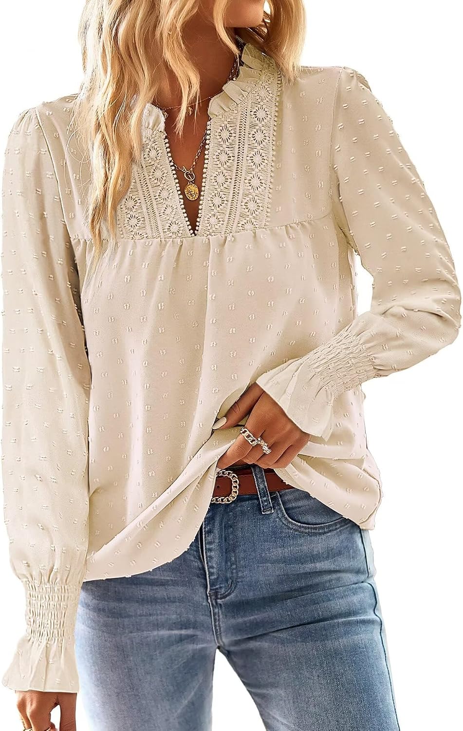 Womens Tops Butterfly Sleeve V Neck Blouses for Women Flowy Swiss Dot Ruffle Dressy Casual Long Sleeve Shirts