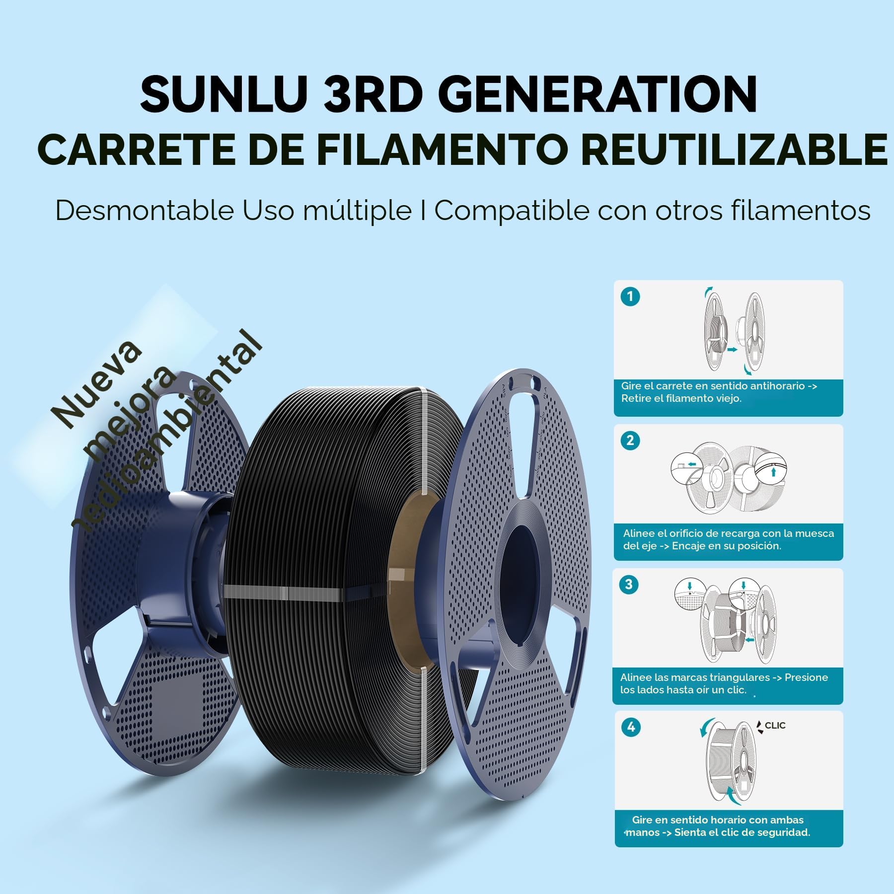 SUNLU 4KG PLA Filamento Bundle, Precisión Dimensional +/- 0,02 mm, Apto Para la Mayoría de las Impresoras 3D FDM, 1KG de Filamento 3D, 4KG en Total, 4Pcs.Negro+Blanco+Rojo+Azul Klein
