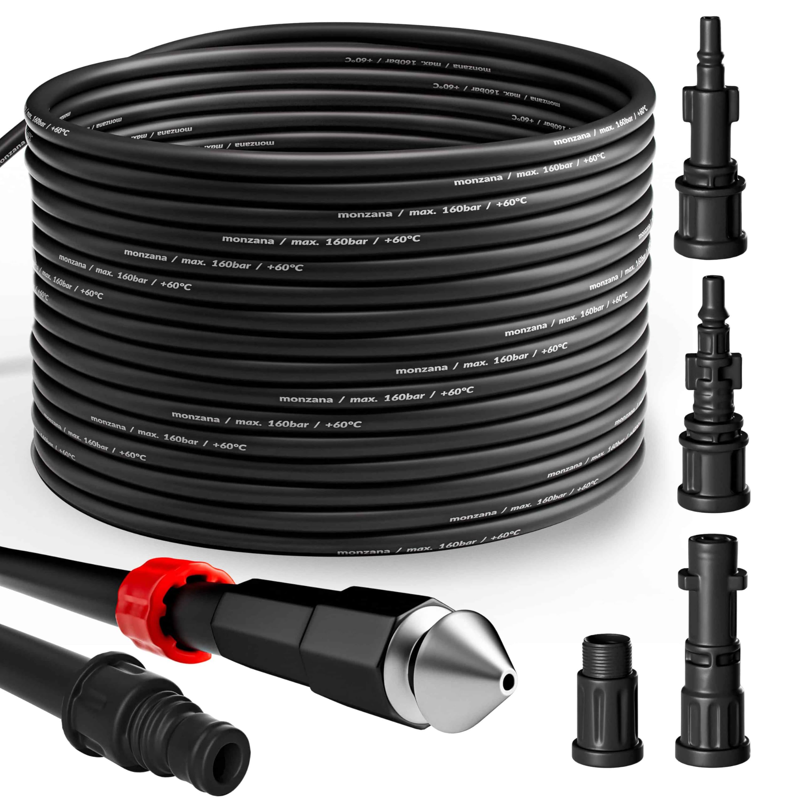 DEUBA® Pressure Pipe Unblocker 15 m, Compatible Karcher K2-K7 Bosch, Cleaning Hose Kit, 160Bar, 4 Adapters, Drain Sink Tools Plumbing, Pressure Cleaners