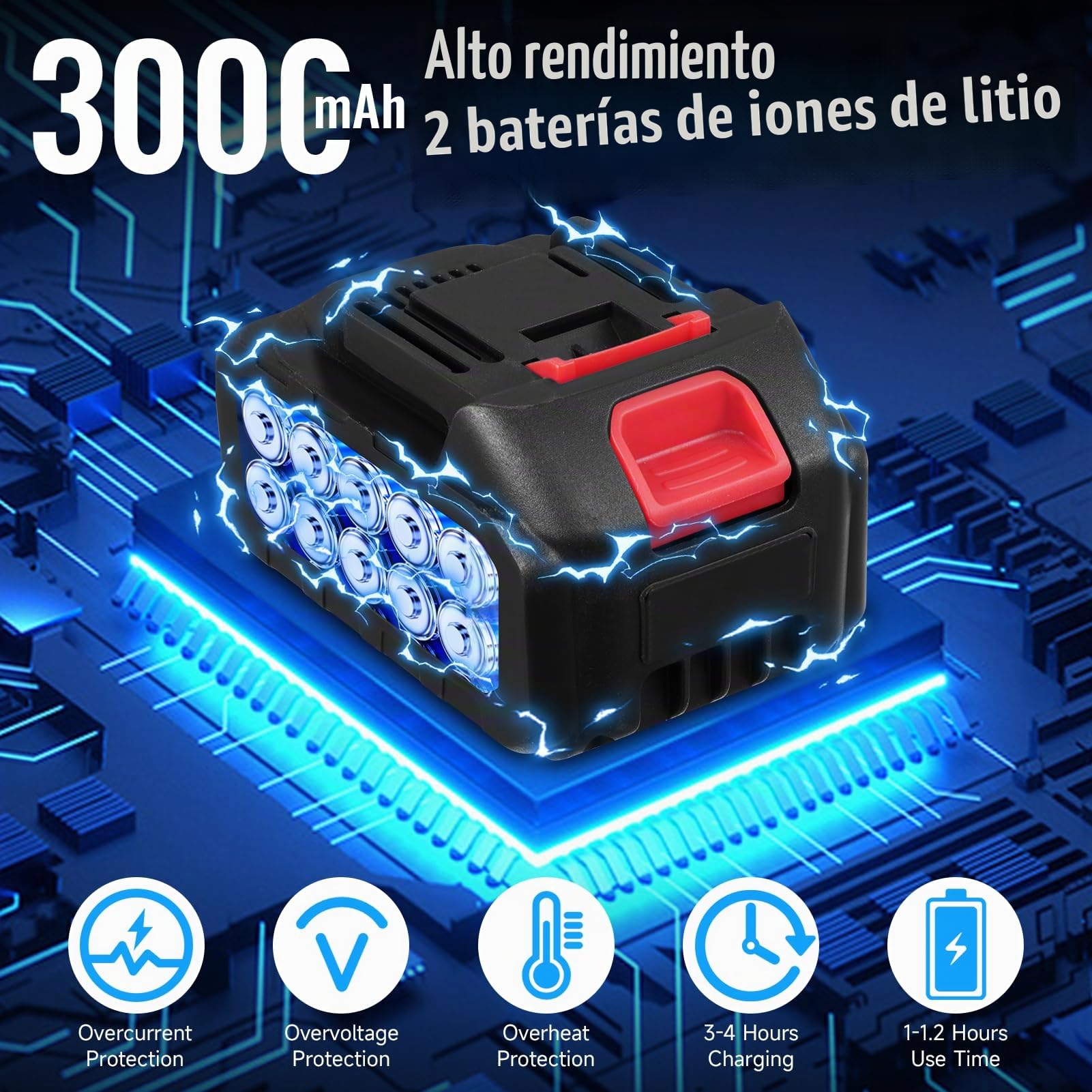 Hidrolimpiadora de Bateria, 3000W Hidrolimpiadora de Alta Presión Portátil, 120Bar/1750 PSI Pistola Agua Presion Bateria, Boquilla Ajustable6 En 1 con 2 Baterías de 21V 3000mAh Adecuado para Varios