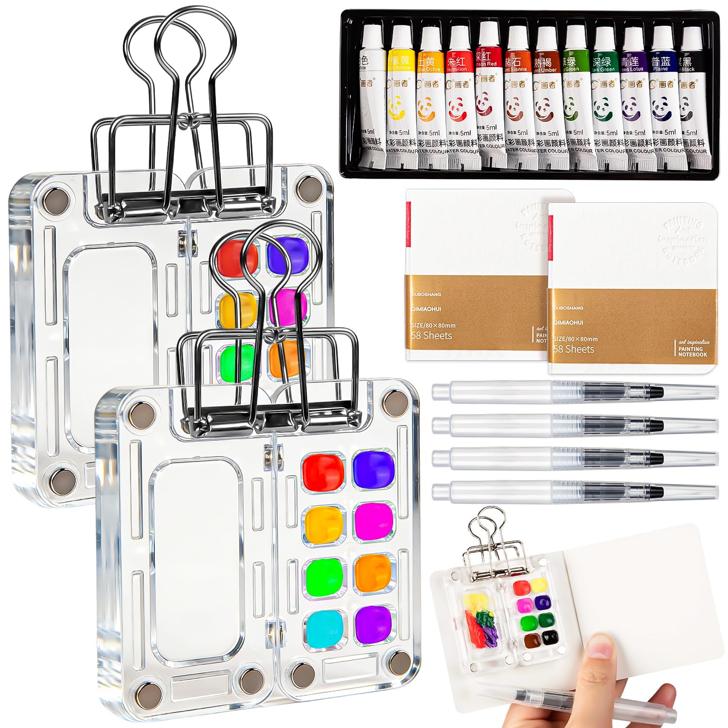 Acuarela mini de viaje set de pintura con elegantes paletas de madera y clip de cobre
