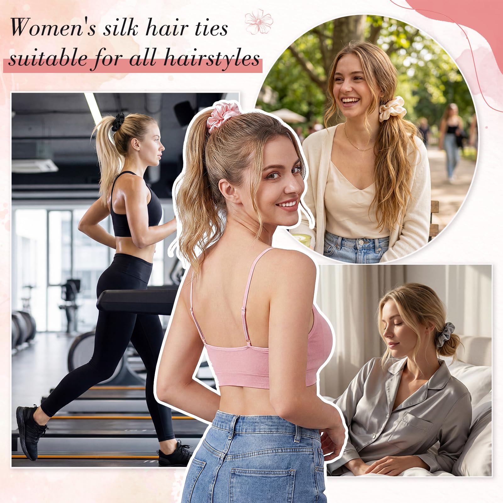 Coleteros de seda de morera, paquete de 4 lazos de seda para el cabello | Regalos rosados, 19 momme, suave con el cabello, reduce la rotura y las arrugas, para el día o el sueño, todo tipo de cabello
