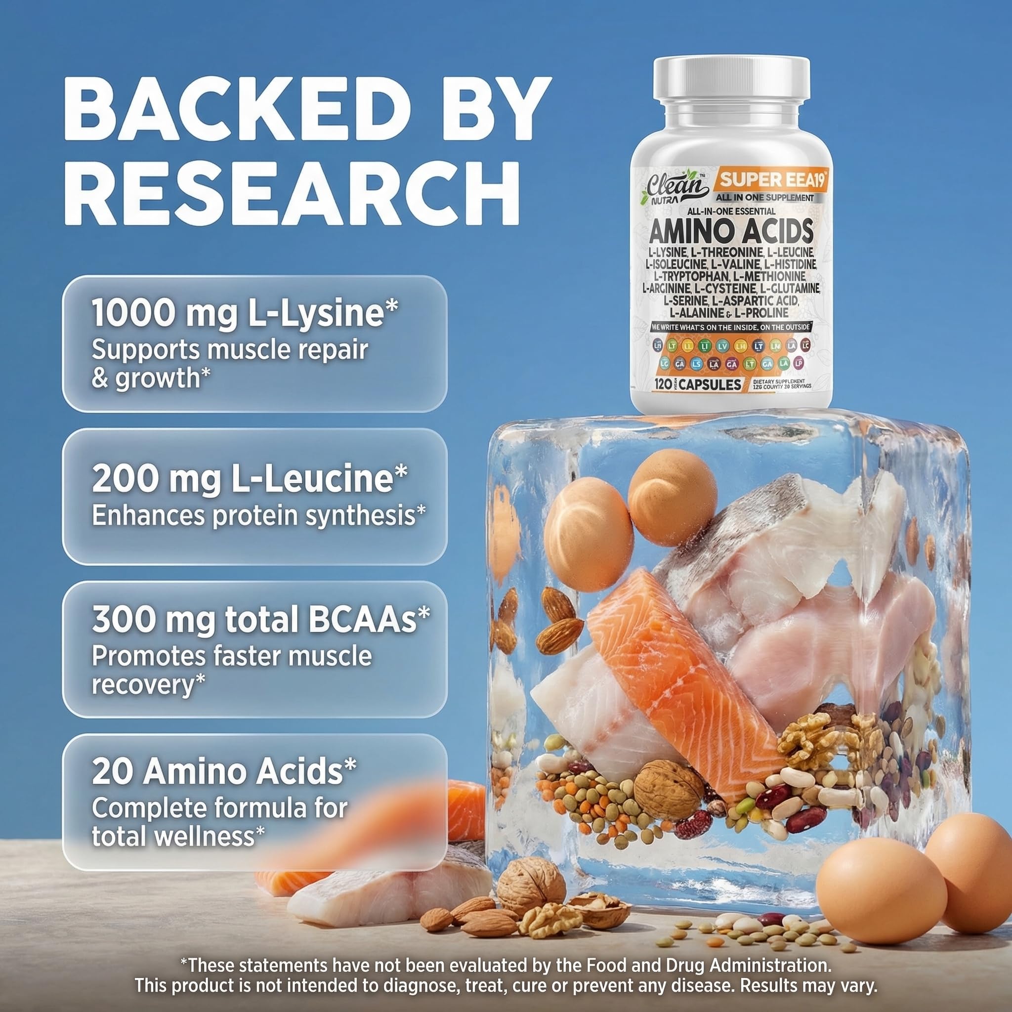Clean Nutraceuticals Amino Acids Supplement L-Lysine, L-Threonine, L-Leucine, Isoleucine, Valine, L-Histidine, L-Tryptophan, L-Methionine, L-Arginine, L-Cysteine, L-Glutamine, L-Serine, Aspartic Acid — Amazon image 3