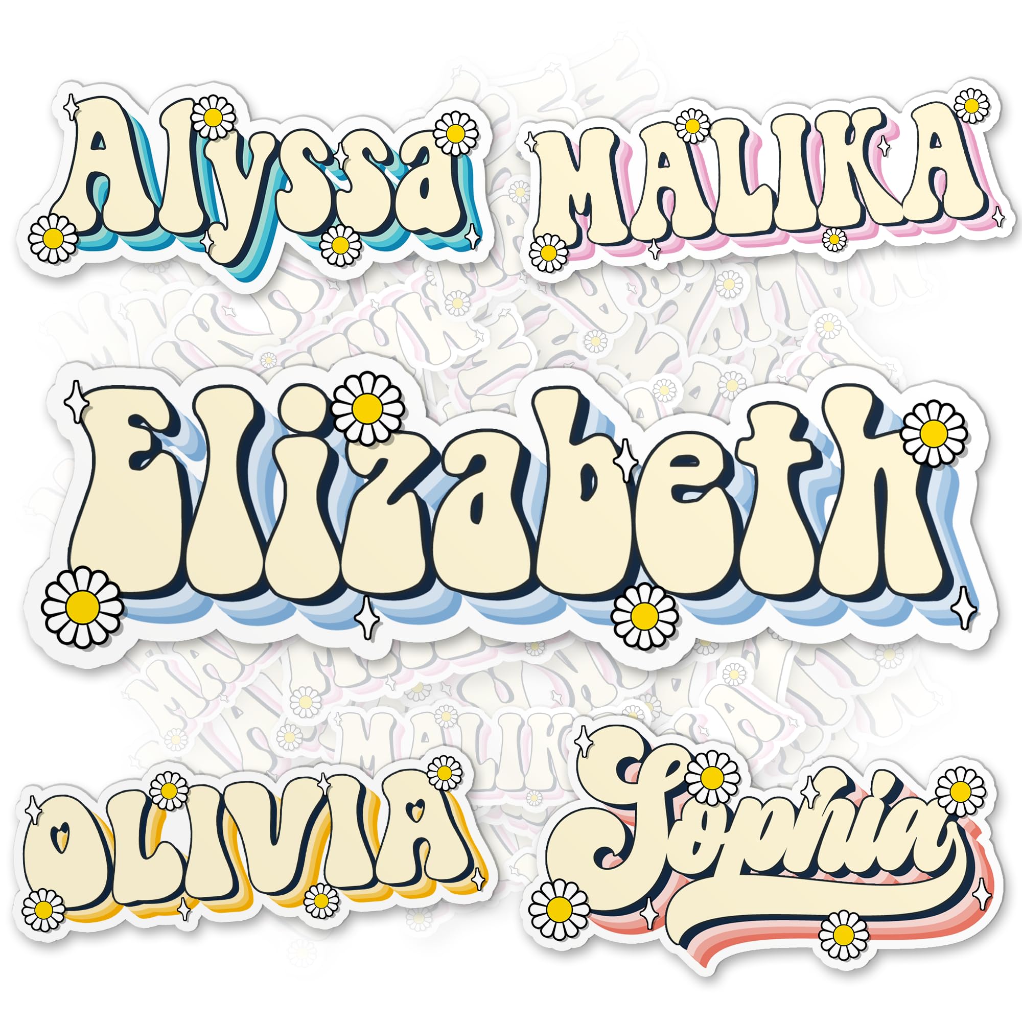 Custom Name Sticker Personalized Customize Name Stickers Ocean Wave Vintage Daisy Die-Cut Waterproof Vinyl Sticker for Laptop Water Bottle Phone Case