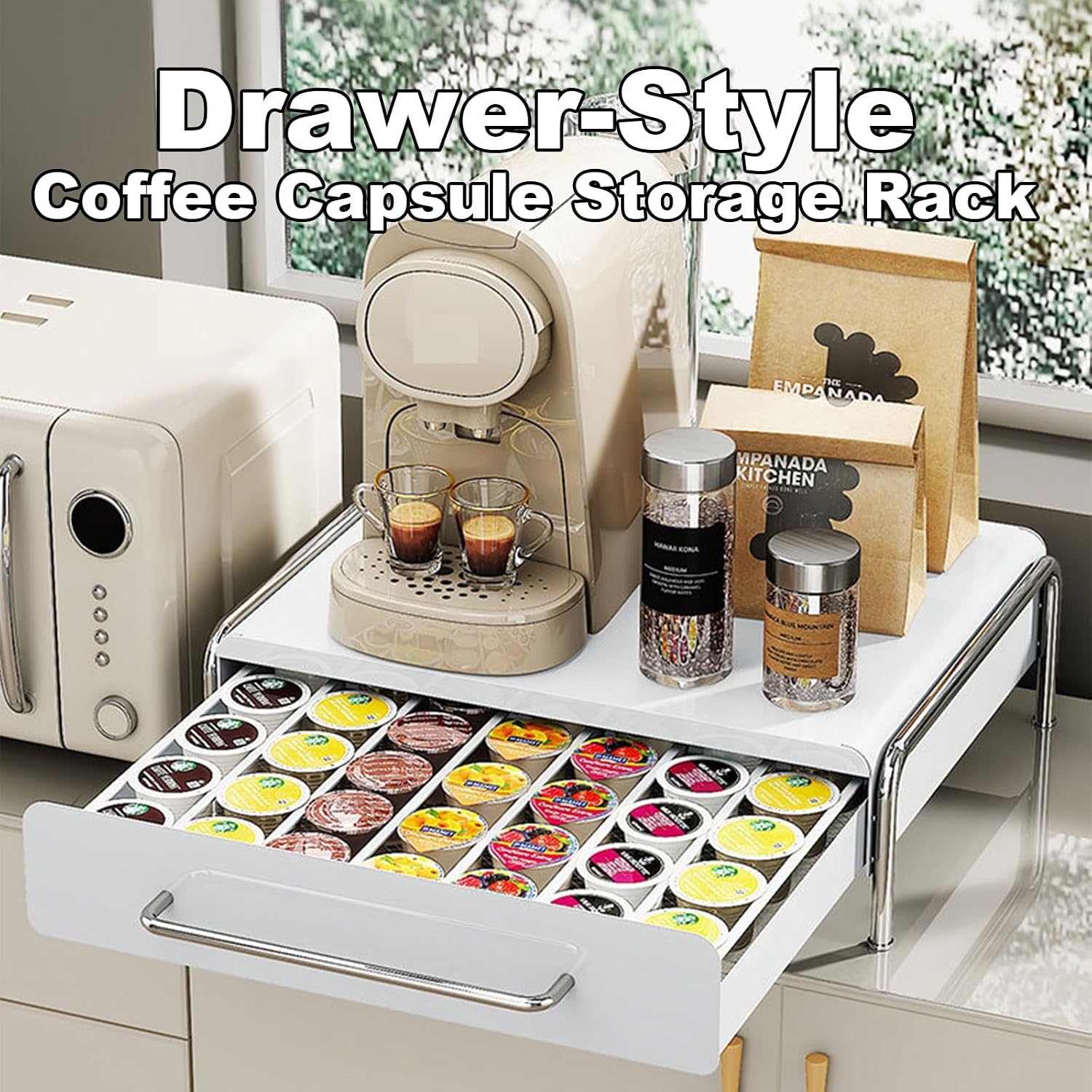 Coffee Pod Storage, Under Coffee Machine Drawer Organizer for K Cup Capsules, Large Capacity Metal Pods Container for Home Kitchen Office(White,Large)