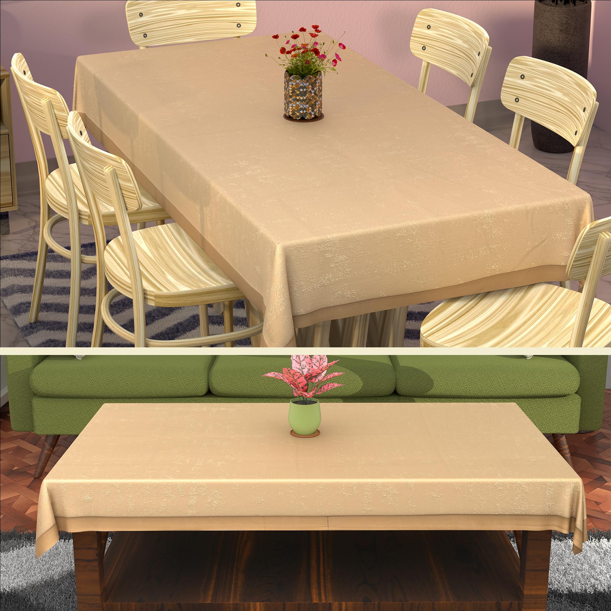 Kuber Industries Themed Combo Set – 6 Seater Dining Table Cover & 4 Seater Center Table Cover | Same Design Pair of Teapoy Table Cloth & Dinner Table Sheet | Golden Swiss- Fawn