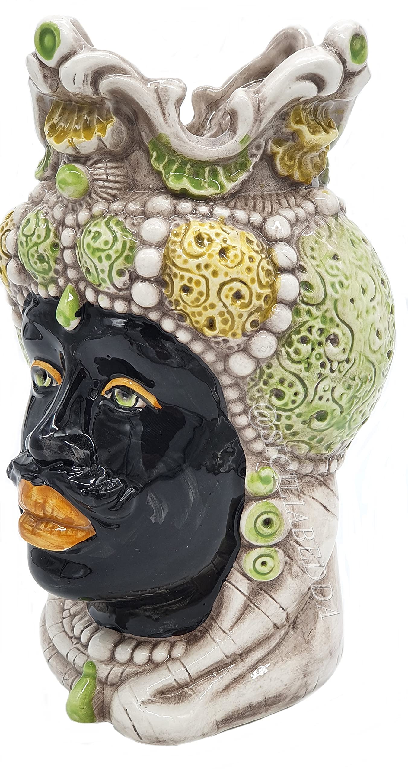 sicilia bedda - Teste di Moro Siciliane in Ceramica di Caltagirone - Realizzato Interamente a Mano - Altezza 18 Centimetri (Testa di Moro Saraceno Verde)