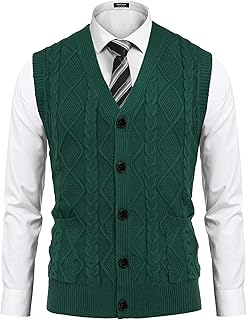 COOFANDY Men's V-Neck Sweater Vest Cable Knit Silm Fit Sleeveless Casual Button Cardigan Vest
