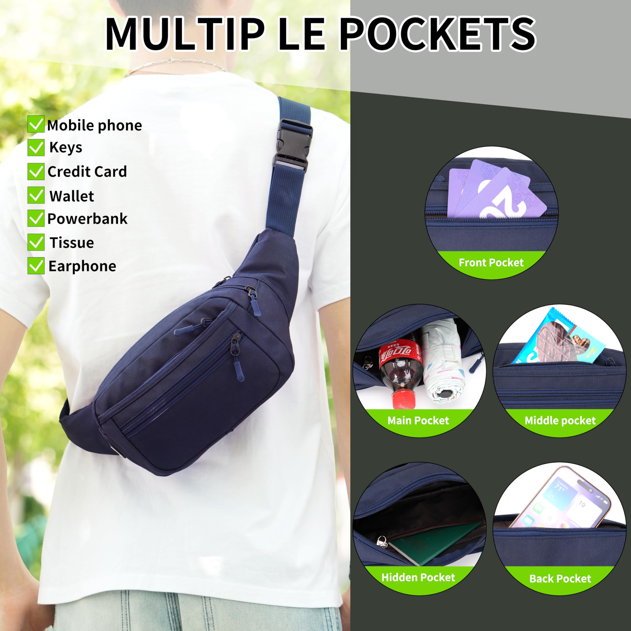 Bumbags Waist Bag Running Fanny Pack with Multi Pockets, Blue - Image 2