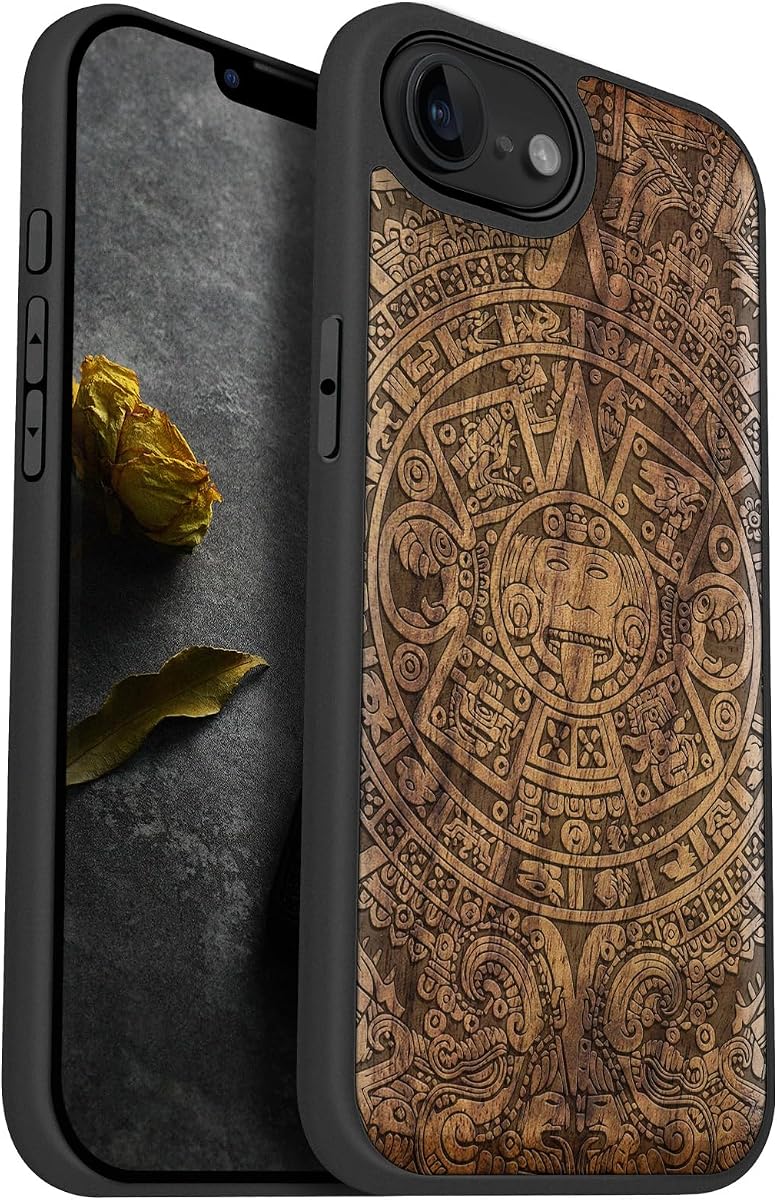 Carveit Wood Case for iPhone 16e/17e, The Maya Calendar, Walnut | Magnetic iPhone 16e/17e Case Compatible with MagSafe Wireless Chargers, Engraved Wood with Soft TPU Shockproof Bumper