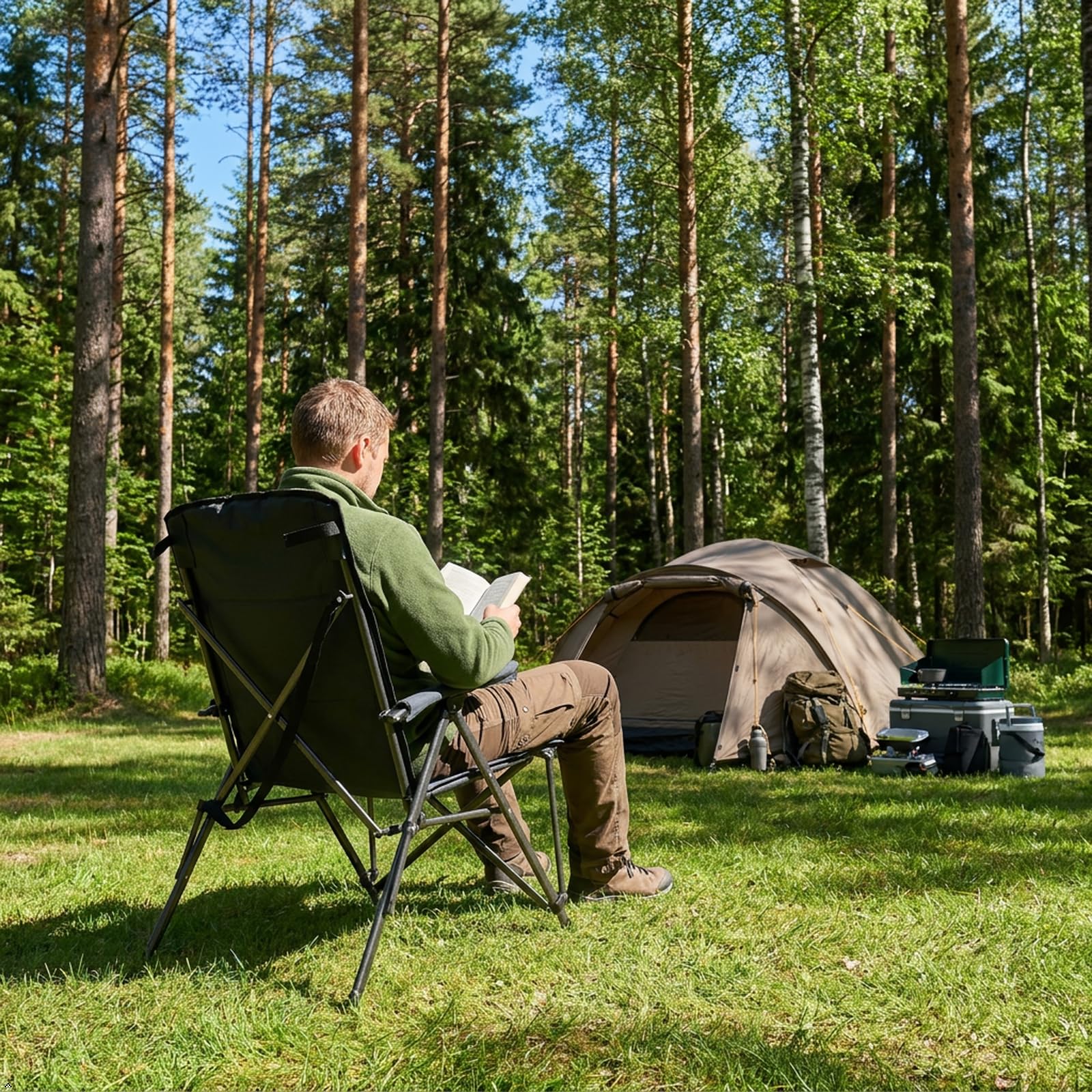 TIMBER RIDGE Campingstuhl Faltbar Breiter Sitz 55cm XXL Klappstuhl Camping Gepolstert Hohe Rückenlehne 150kg Tragkraft mit Seitentasche Tasche Camp Garten Balkon