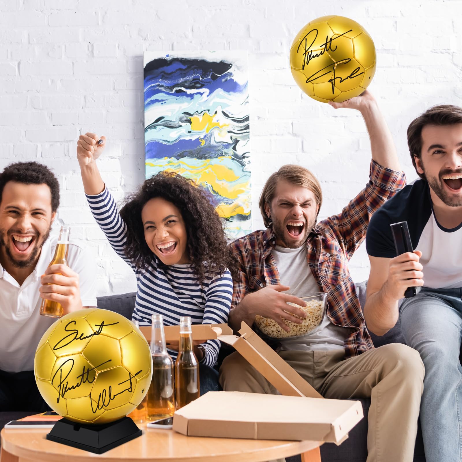 Hiboom Pallone da calcio con autografo dorato con espositore e pompa ad aria, per trofei, anniversari, licei, allenatori, premi, feste di campionato, 4 pezzi