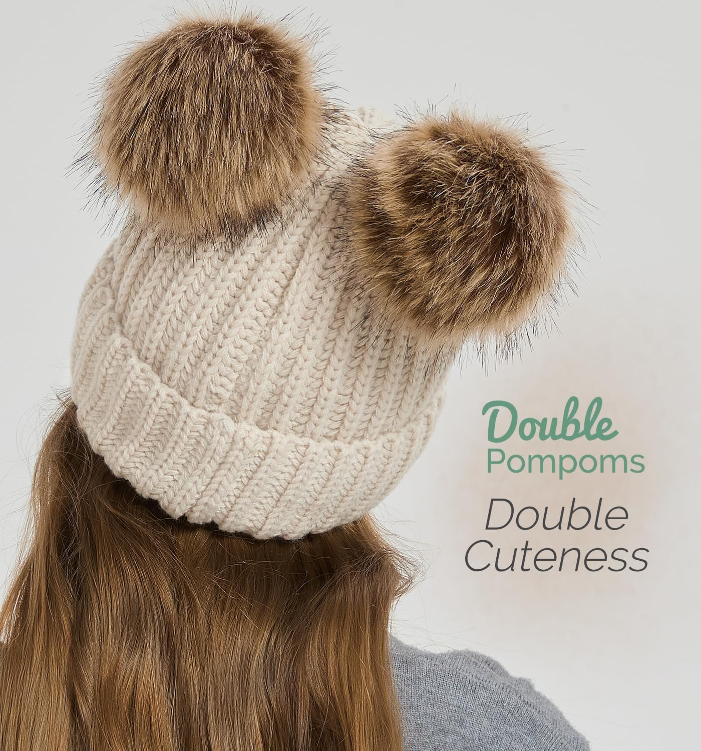Double Pom Pom Beanie Winter Hats for Women Girls, Warm Fleece Lined Beanie, Thick Knit Hat Faux Fur Bobble Hat - Image 7