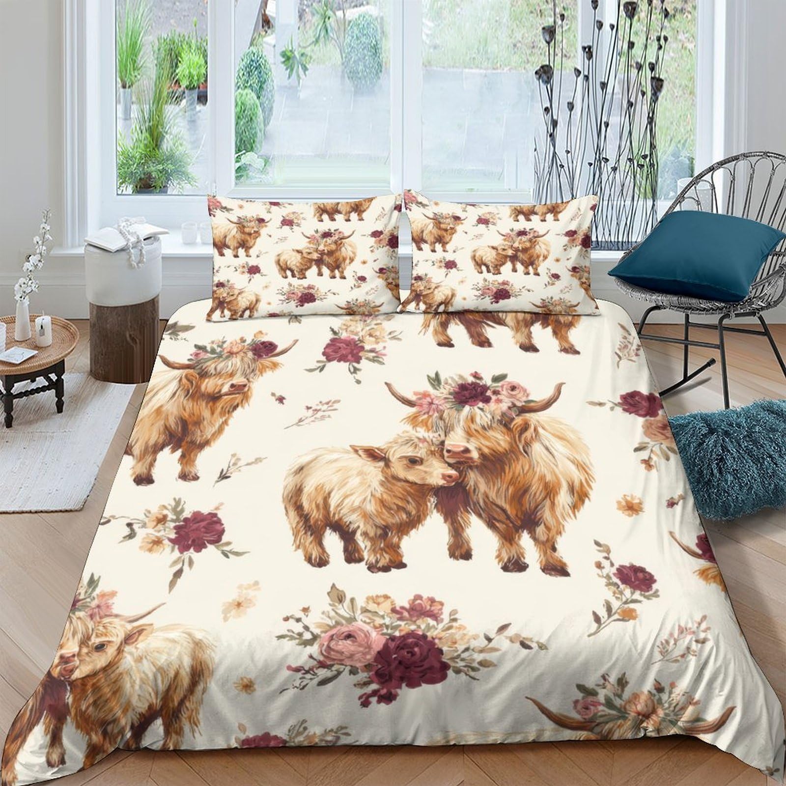 GPLZQXKJNH 3D Printed Highland Cow Floral Duvet Cover Microfiber Soft Breathable Bedding Set with 2 Pillowcases for Bedroom Decor Single（135x200cm）
