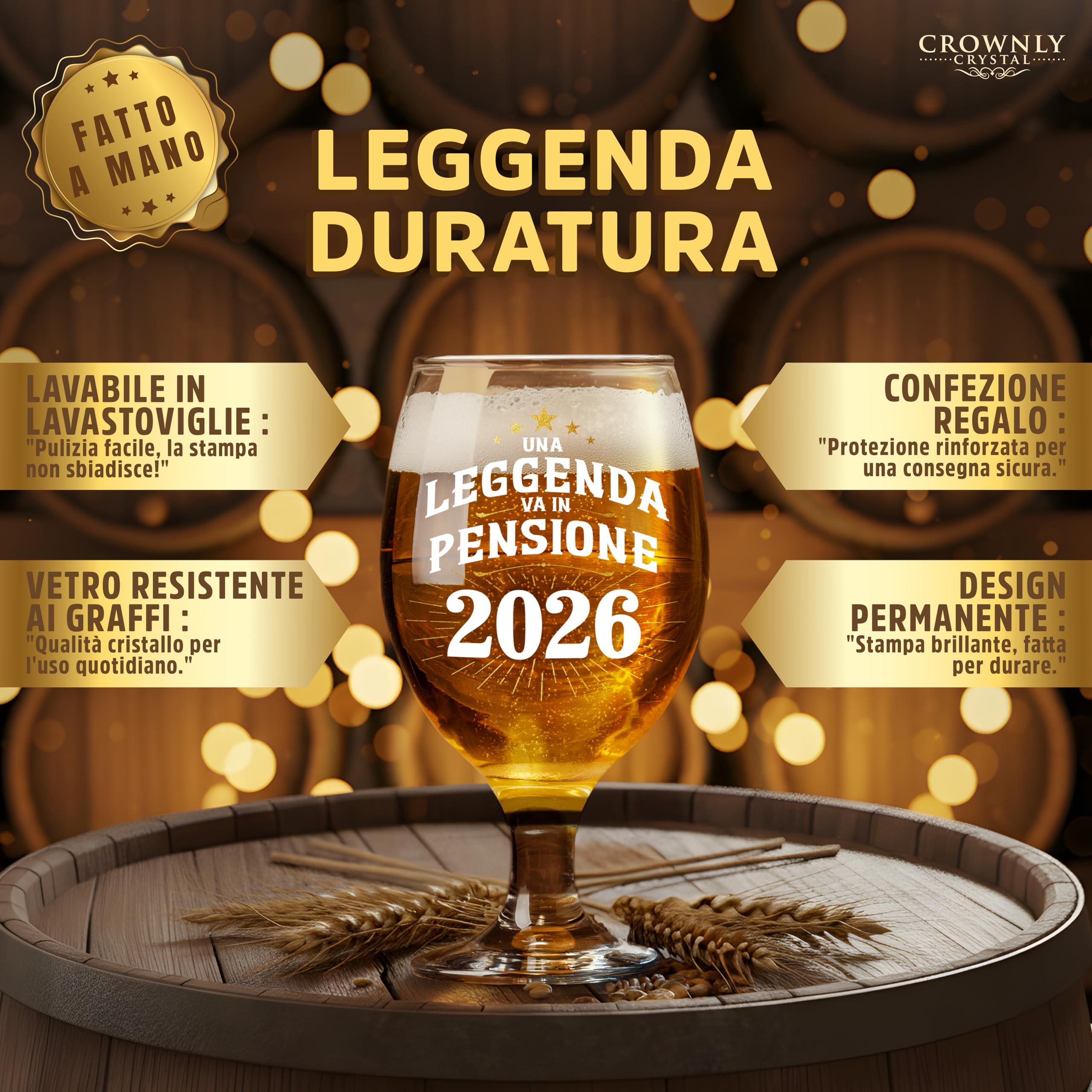 CROWNLY CRYSTAL Bicchiere Da Birra Personalizzato Regalo Pensione Uomo Con Scritta Una Leggenda Va In Pensione 2026 In Vetro Elegante Con Scatola Regalo Premium Per Festa Pensionamento