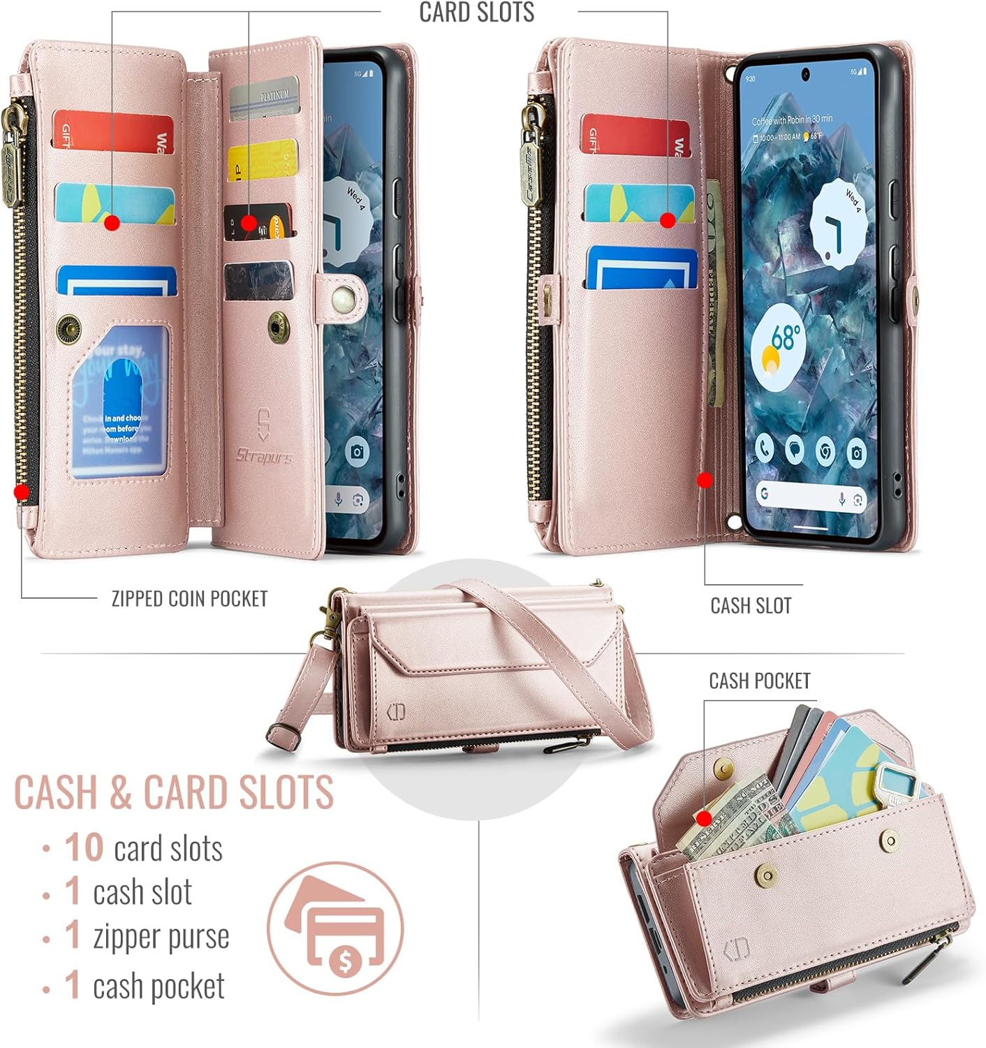 Strapurs Wallet Case Compatible with Google Pixel 10/10 Pro RFID Blocking 10-Card Holder Soft PU Leather Magnetic Snap Shoulder Strap Zipper Phone Case Fit for Pixel 10/10 Pro - Rosegold