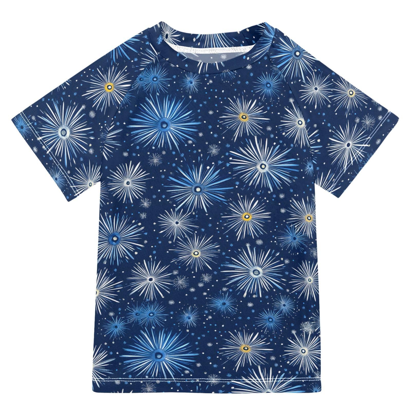 ALAZA Kids Rash Guard Toddler Swim Shirt Boy Girls Fireworks Blue UPF 50+ Short Sleeve 4T