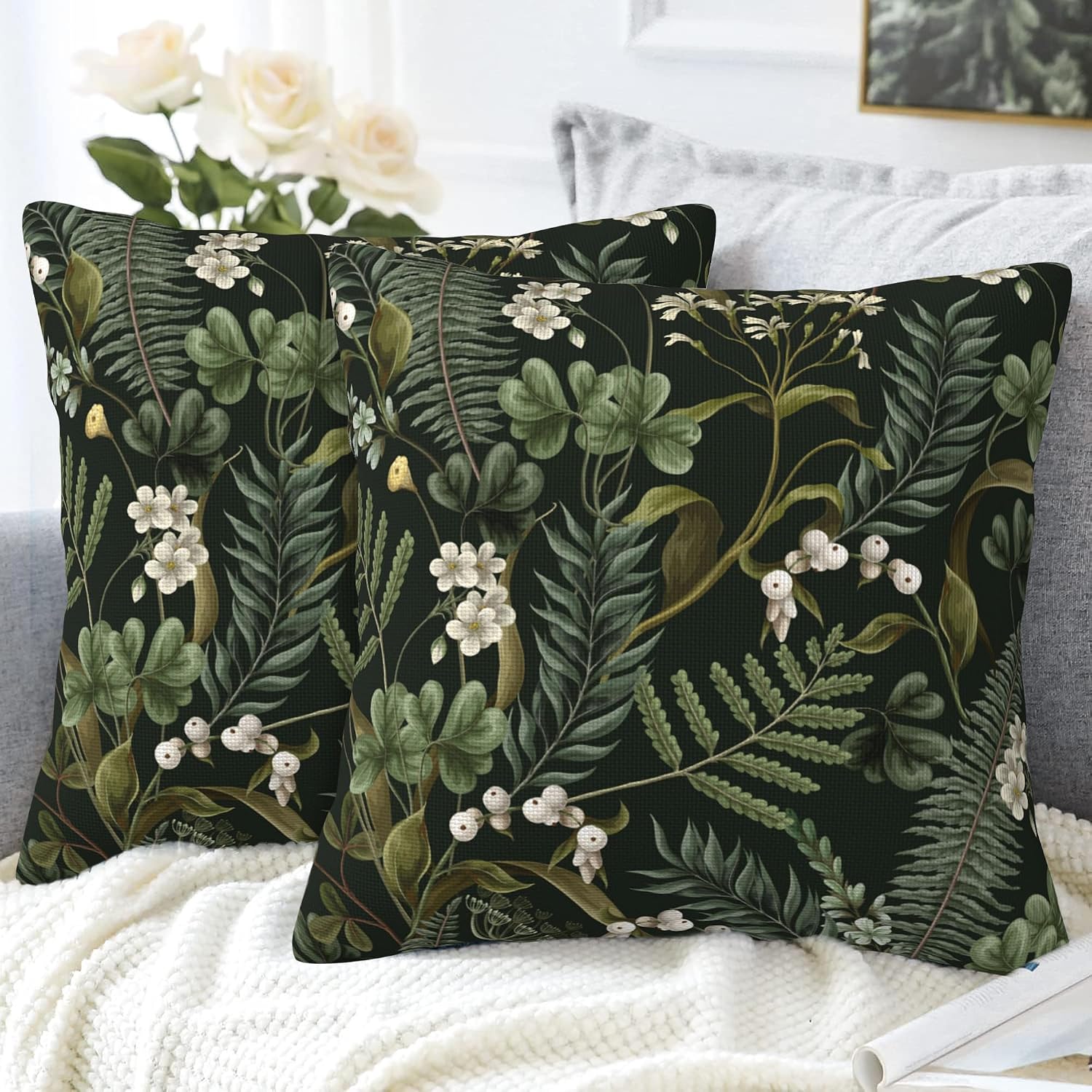 Spring Floral Throw Pillow Covers Set of 2 Green Herbs Botanical Pillow Covers 18x18 Inch Modern Farmhouse Home Decorative Pillow Cases Cushion Cover for Sofa Living Room Office image 3