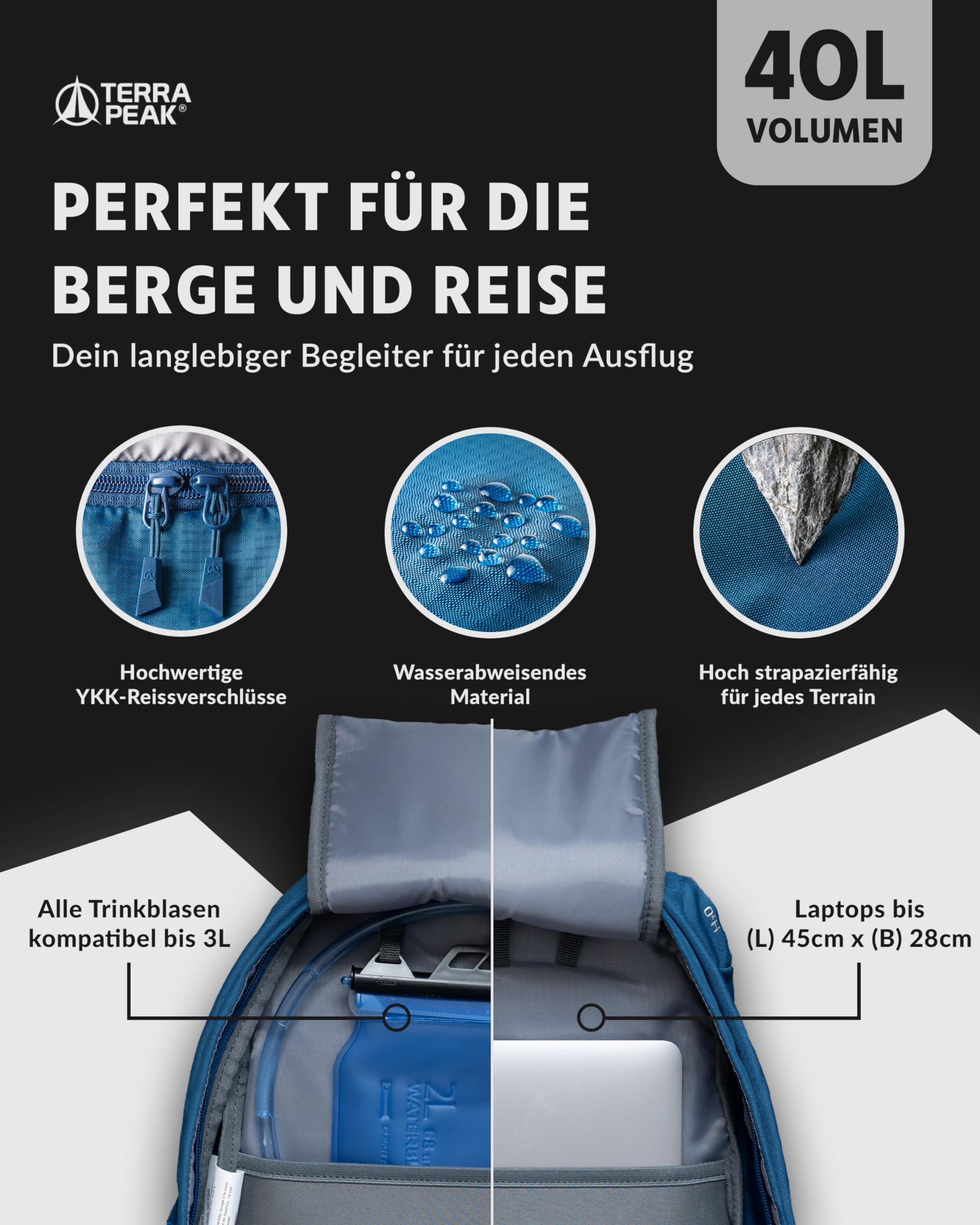 Terra Peak® Premium Wanderrucksack 40L (FLEX 40) für Damen & Herren groß mit Rückenbelüftung, Regenschutz & Trinksystem-Halterung - Ergonomischer Trekkingrucksack atmungsaktivem 3D Air Mesh & Hüftgurt
