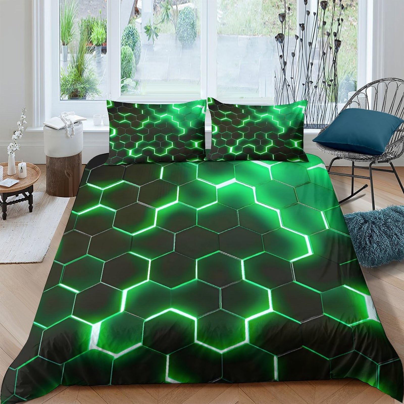 GPLZQXKJNH 3D Printed Neon Hexagon Duvet Cover Microfiber Soft Breathable Futuristic Bedding Set with 2 Pillowcases for Bedroom Decor Single（135x200cm）