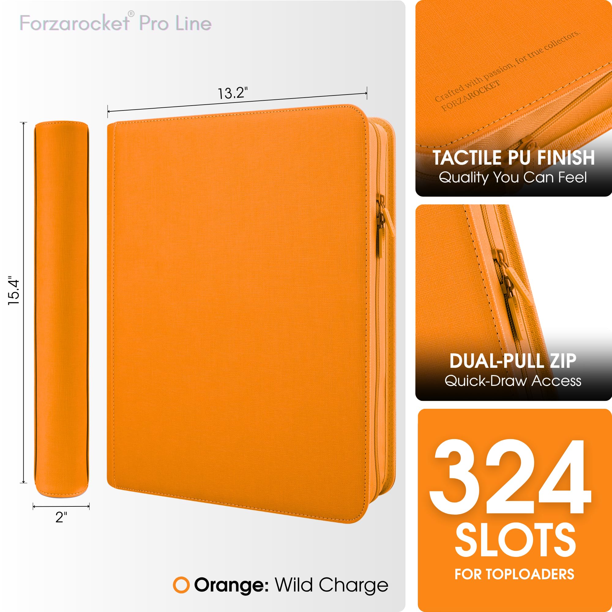 Forzarocket Raccoglitore 324 con apertura dall'alto, album senza anelli con 9 tasche con cerniera, per carte da gioco e carte sportive, in pelle sintetica (arancione)