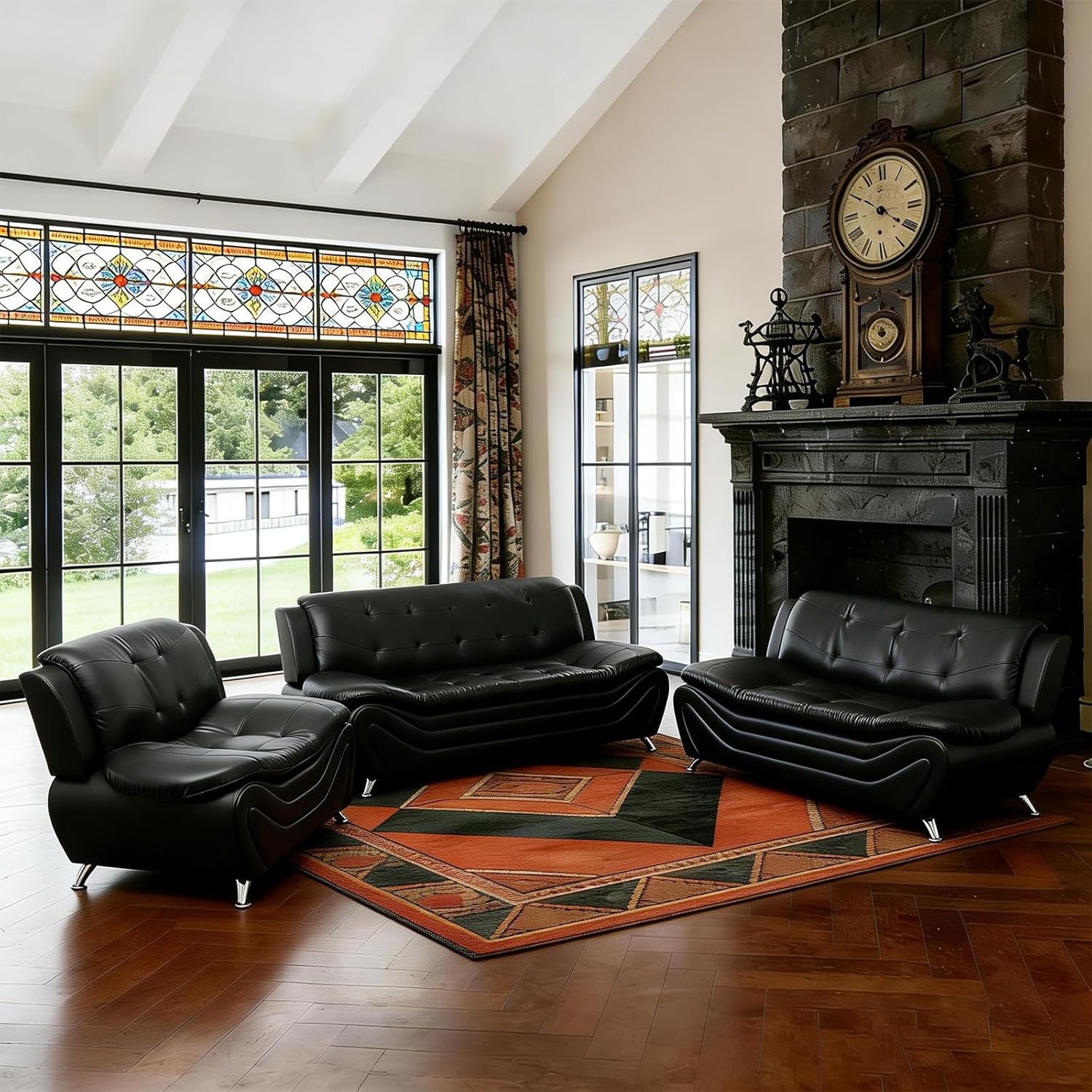 3 Piece Sofa Set, Faux Leather Couch with Loveseat and Chair, Modern Living Room Furniture for Apartment, Home Office, Reception Room, Black-2