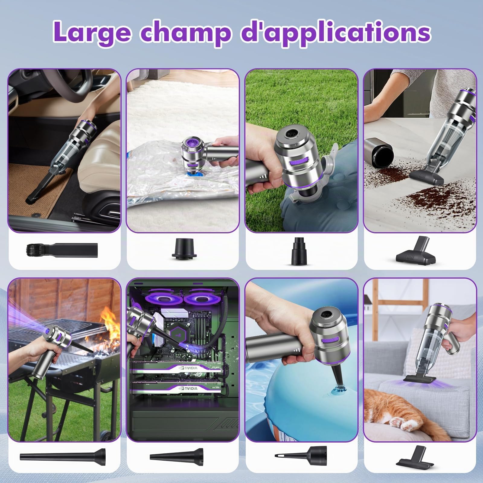 Aspirateur Voiture 4 en 1 Puissant 28000 PA Aspirateur à Main sans Fil 3 Vitesses 240 000 TR/Min pour Voiture, Cuisine, PC, canapé, Bureau, Maison et Nettoyage des Poils d'animaux