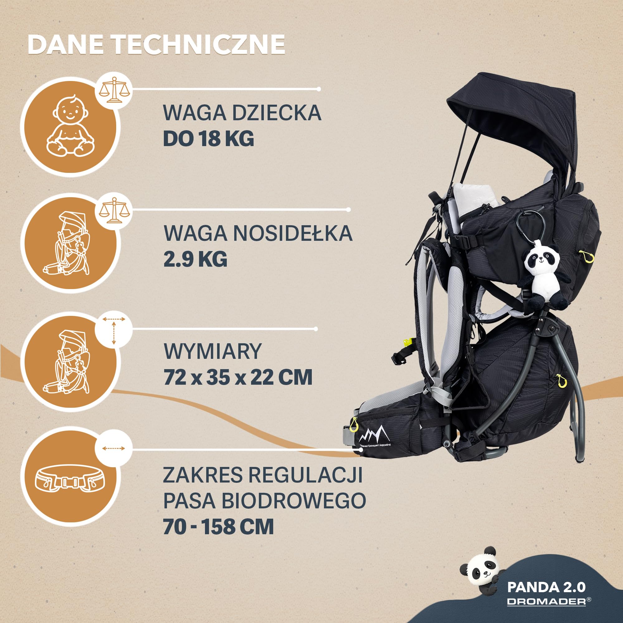 Dromader Nosidełko Turystyczne dla dzieci do 18kg - Regulowane Siedzisko z Poduszką do Spania - Chowany Daszek Przeciwsłoneczny - System Nośny Odciążający Kręgosłup - Kieszeń Termiczna – Panda Black