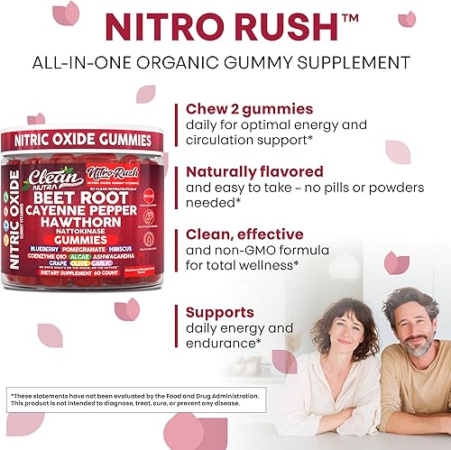 Miniatura 6 de Clean Nutra Gomitas de óxido nítrico, raíz de remolacha con pimienta de cayena y espino, 60 unidades