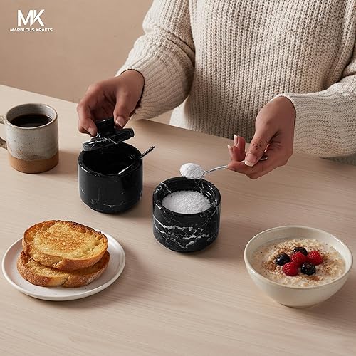 Miniatura 4 de Bodega de sal de mármol con tapa y cuchara de 3 pulgadas, caja de sal escamosa negra para almacenamiento de encimera de cocina, juego pequeño y