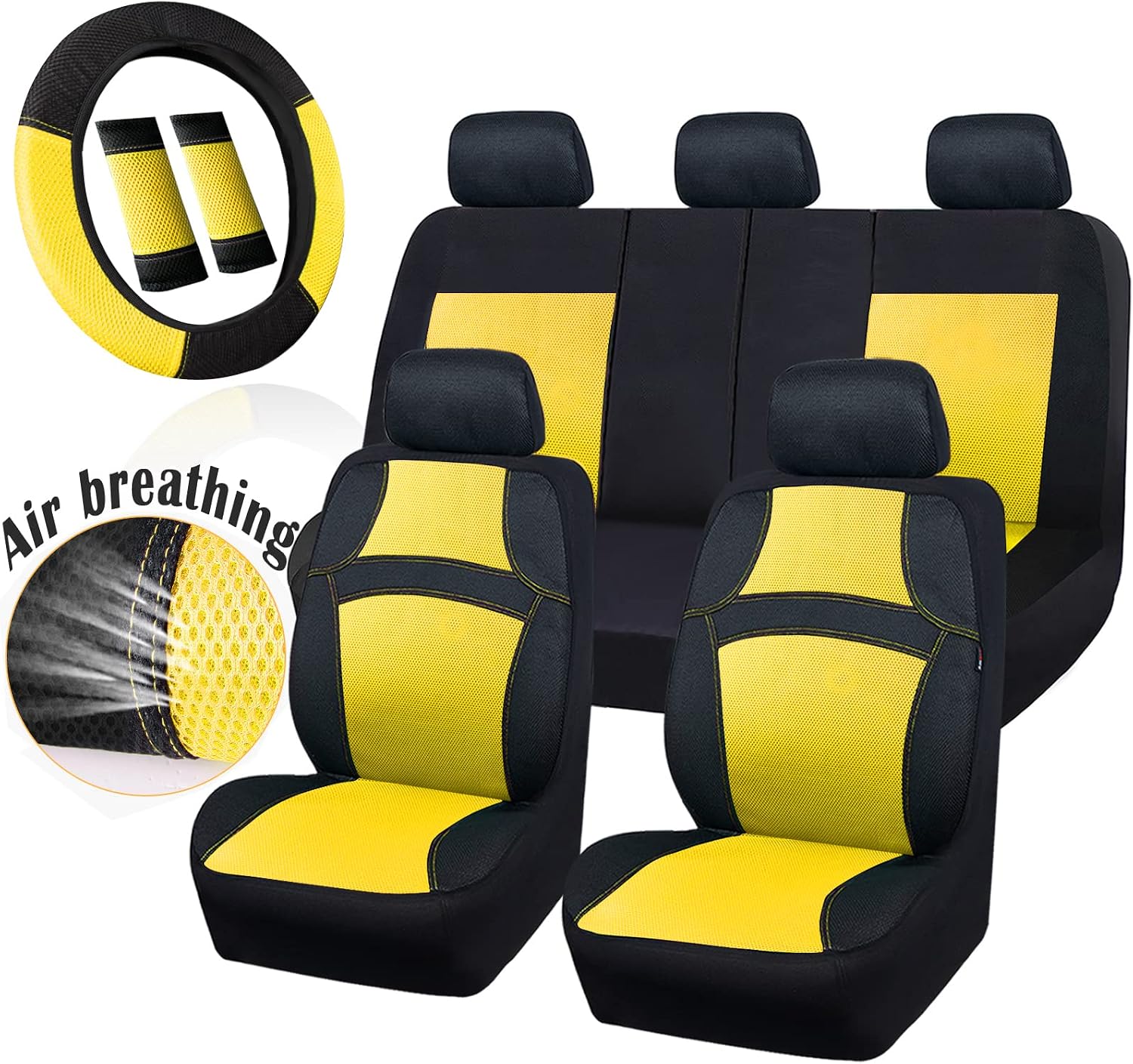 CAR PASS Universal 13PCS 3D Air Mesh-100% Breathable Seat Covers Full Sets#Steering Wheel&Belt Cover #Airbag and Rear Split Bench Compatible#for 90% Automotive SUV Truck Cute Women Black Yellow