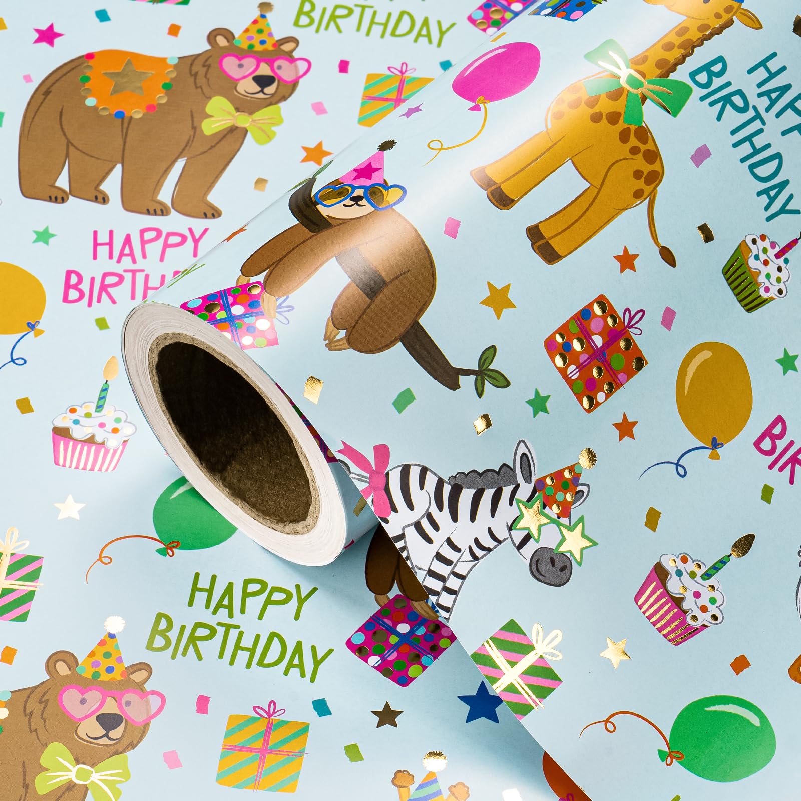 WRAPAHOLIC Kids Birthday Wrapping Paper Roll - Mini Roll - 17 Inch x 16.5 Feet - Blue Animal Party Happy Birthday Wrapping Paper with Metallic Foil for Kids Boys Party, Baby Shower