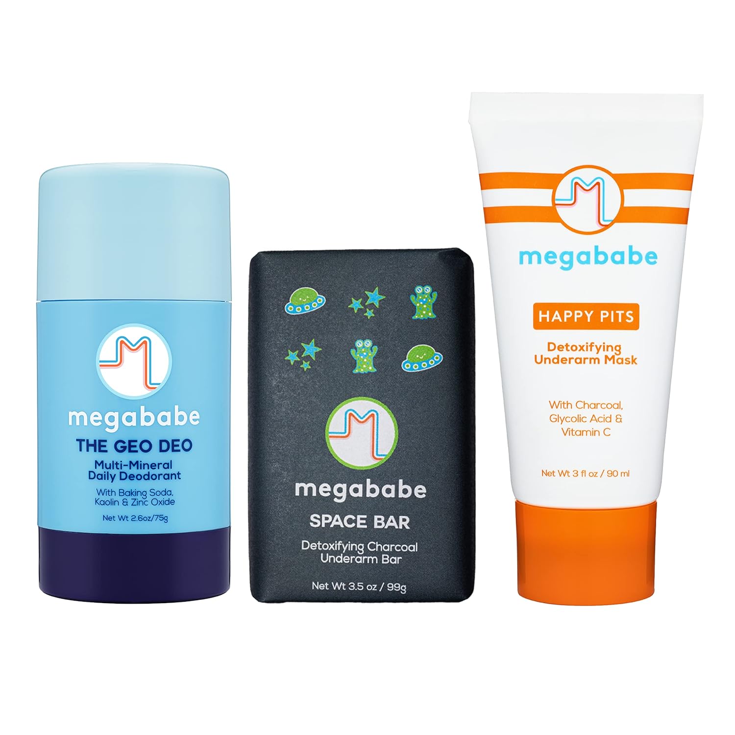 Megababe Ultimate Underarm 3-Piece Bundle - Geo Deo Daily Deodorant 2.6 oz, Space Bar Detox Soap 3.5 oz & Happy Pits Underarm Mask 3 fl oz | Odor Protection, Aluminum Free