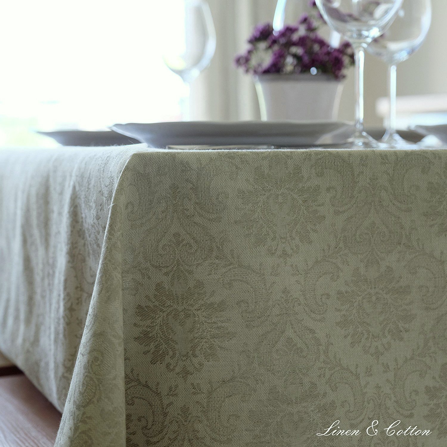 Linen & Cotton Jacquard Damasco Mantel de Tela Waverly - 52% Lino, 48% Algodón, Beige Natural (147 x 350 cm) Grande Large para el Hogar Cocina Gastronomía Boda Cumpleaños Comunion Celebración