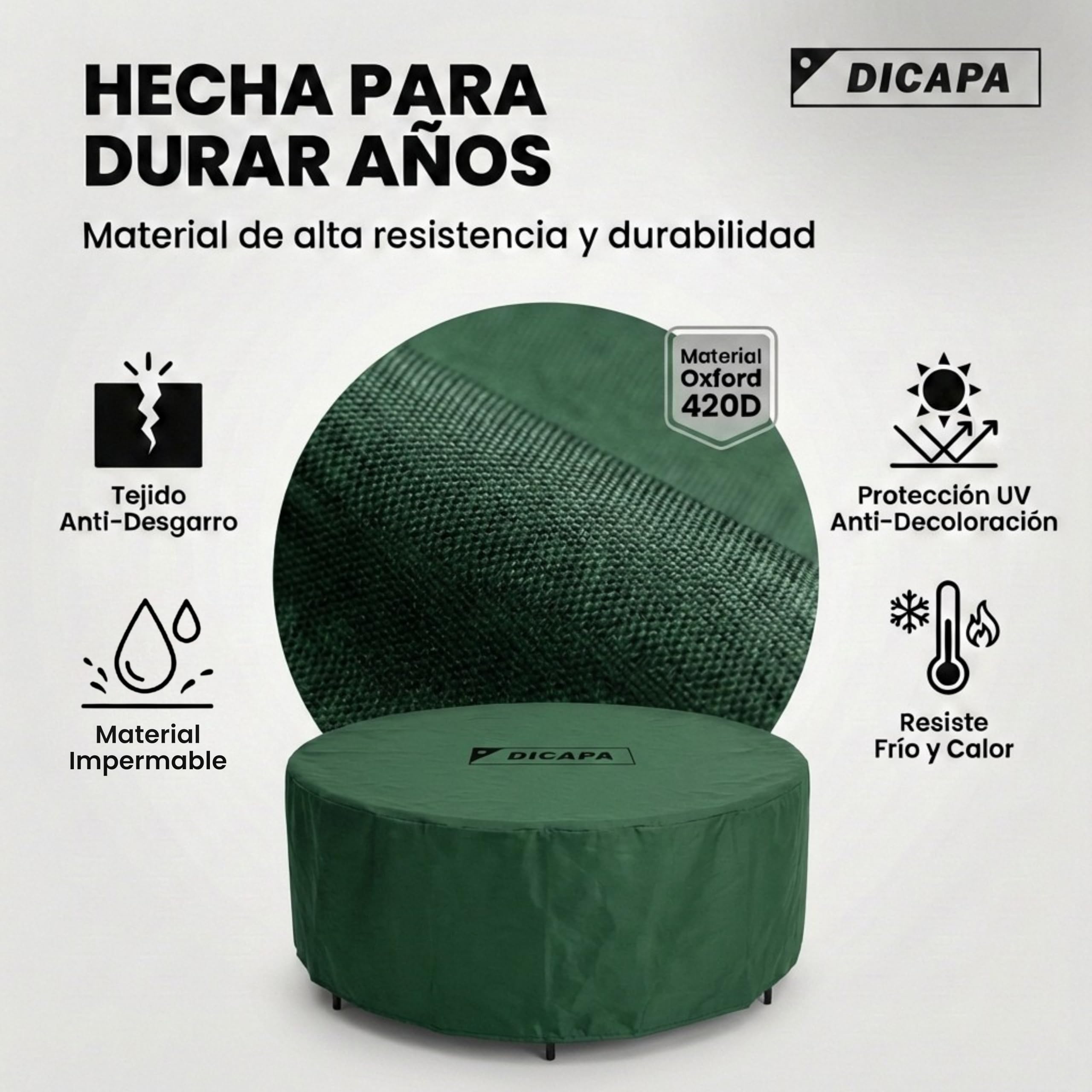 DICAPA Funda Mesa Exterior Impermeable Redonda, Ø160x70cm Verde, Protege tu Mesa de jardín Todo el año