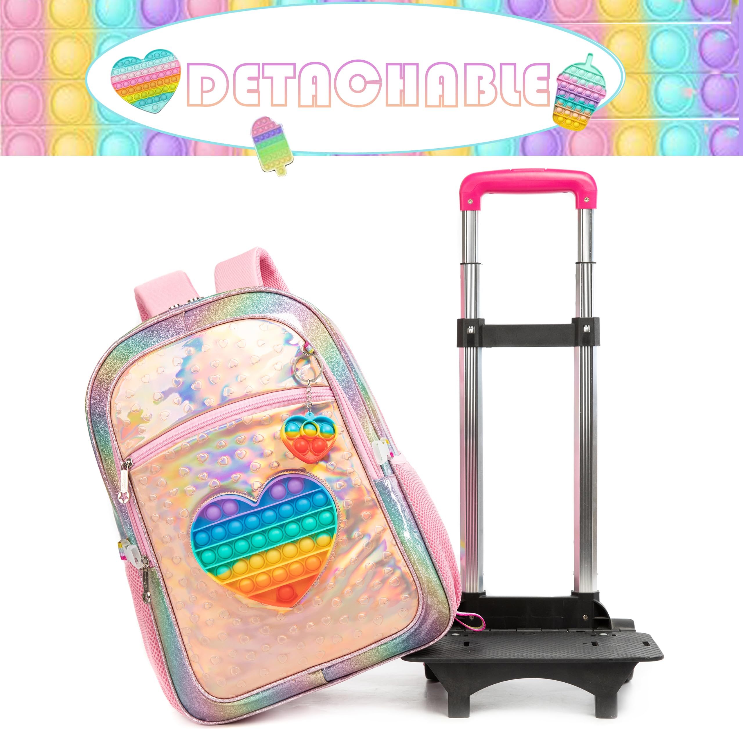 HTgroce Pop It Mochila Escolar con Ruedas Niña Fidget Toy Pop Its Mochilas con Carrito Escolares Bolso Popit Fidget Toy 3 in 1, Juguete Antiestrés y Ansiolítico Mochilas Escolares con Carro.