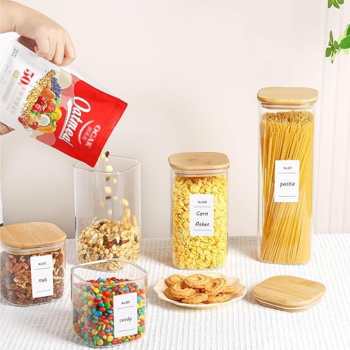 Miniatura 4 de Vtopmart Juego de 5 tarros de vidrio para almacenamiento de alimentos, recipientes de vidrio con tapas de madera de bambú para pasta, galletas,
