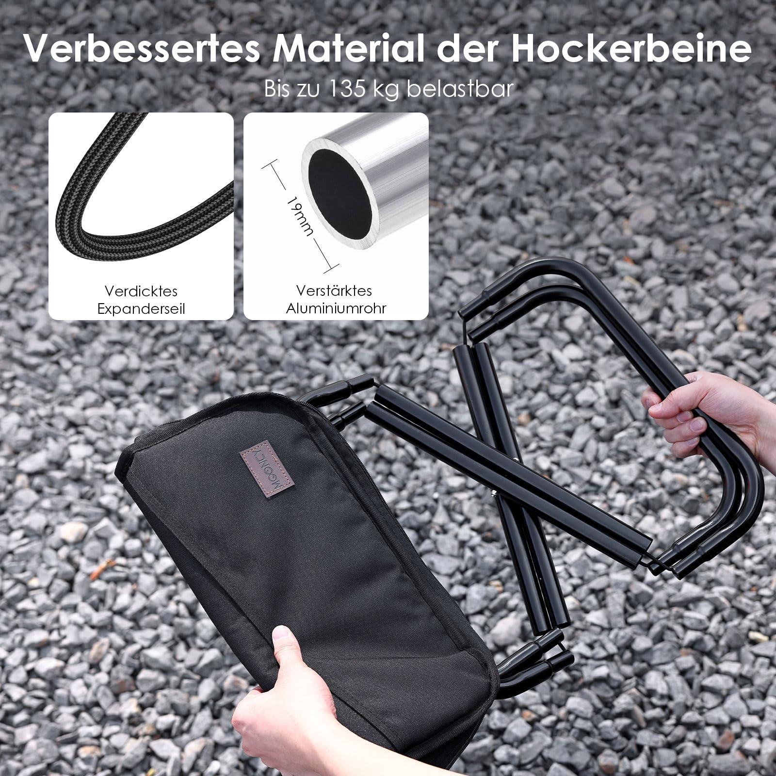 MOONCY Klapphocker Faltbar aus Aluminium, 40 × 37,5 × 39 cm, Extra Großer Falthocker bis 135 kg Belastbar, Leichter Campinghocker für Wandern, Angeln und Outdoor, Schwarz
