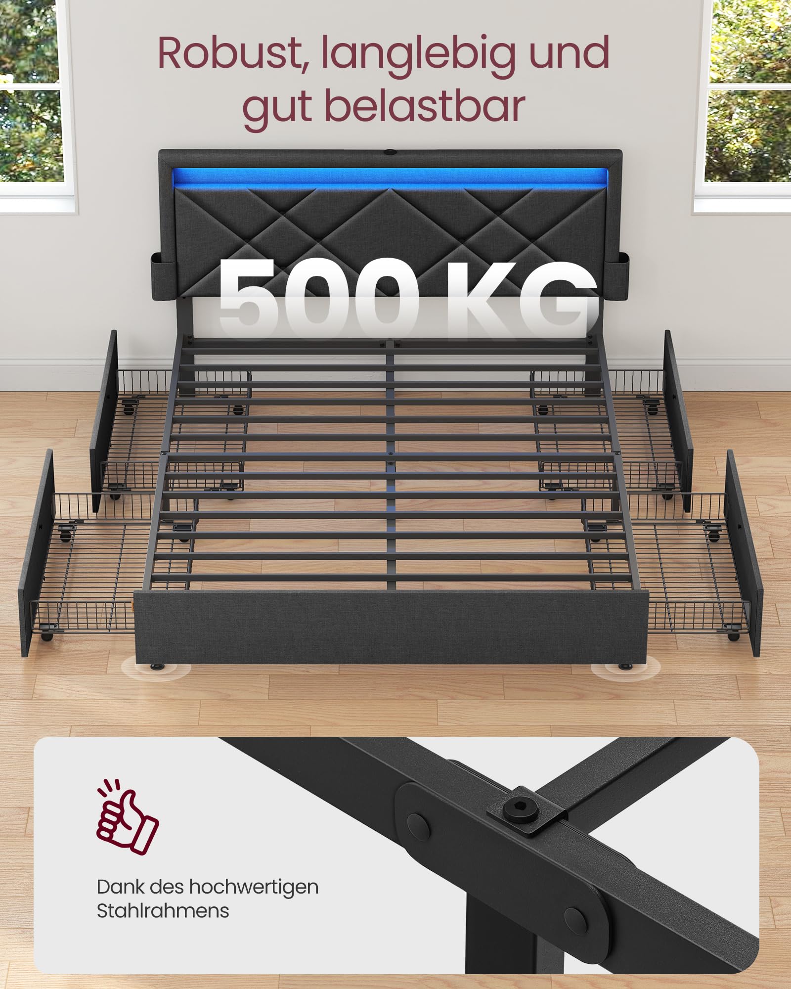 VASAGLE Doppelbettgestell, Bettgestell, 180 x 200 cm, LED, Metallbett, 4 Schubladen, Ladestation, verstellbares gepolstertes Kopfteil, dunkelgrau RMB825GN02