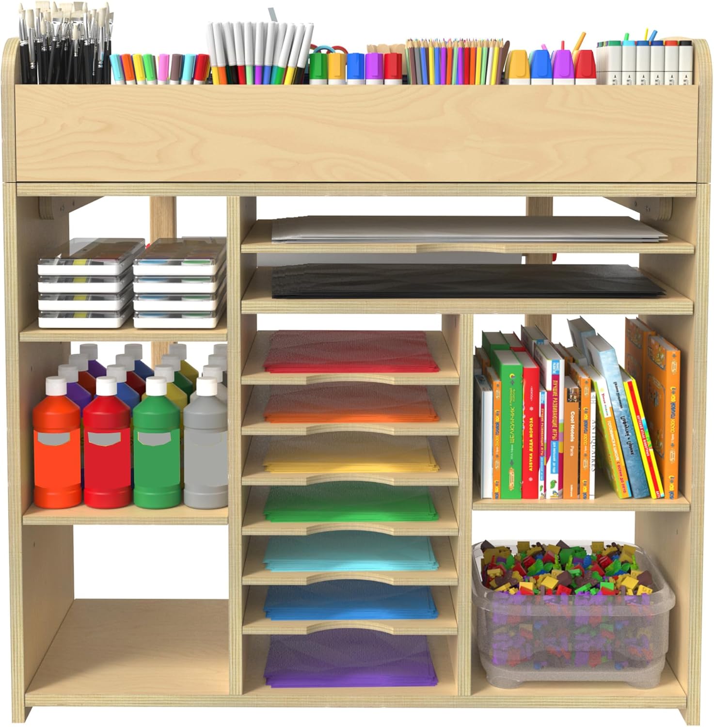 Detailed view of the side storage shelves and compartments of the GDLF Kids Art Table