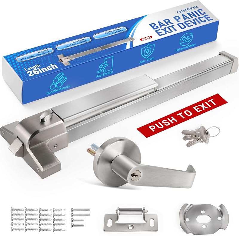 Barra de pánico para puerta comercial, barras de pánico SS304 con manija de palanca exterior, dispositivo de salida de 26 pulgadas con 3 llaves para salida de emergencia, adecuado para puertas de metal, madera y para zurdos/diestros