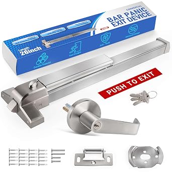 Commercial Door Push Panic Bar, SS304 Panic Bars with Exterior Lever Handle, 26 Exit Device with 3 Keys for Emergency Exit, Suitable for Metal, Wood, and Left/Right Handed Doors