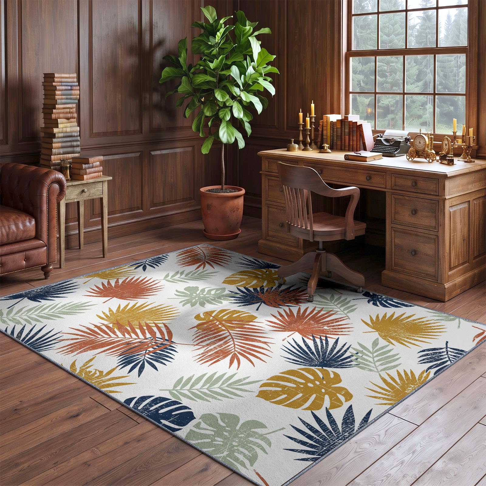 Tapis Salon Tropical, Moquette Lavable en Machine, 160 x 230 cm | Feuille De Plante Feuille De Palmier Grande Feuille Tapis avec Dessous Antidérapant, Tapise Décoratif pour Chambre, Cuisine, Blanc