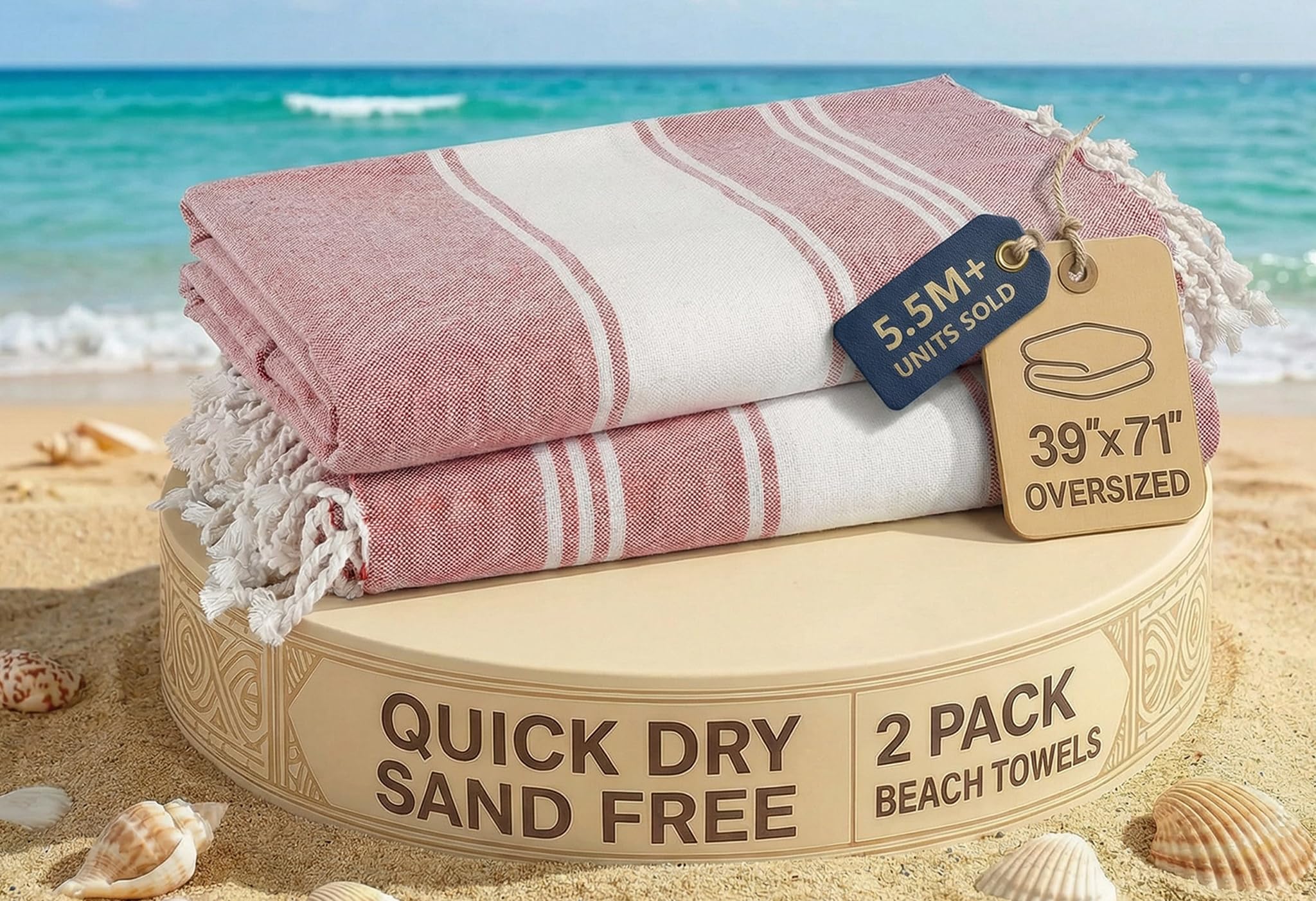 LANE LINEN Beach Towel 2 Pack - Cotton Rich Beach Towels Oversized, Pre-Washed Large Beach Towels, Sandless Beach Towel, Quick Dry Travel Towel, Large Pool Towels, 39"x71" - Cashmere Rose